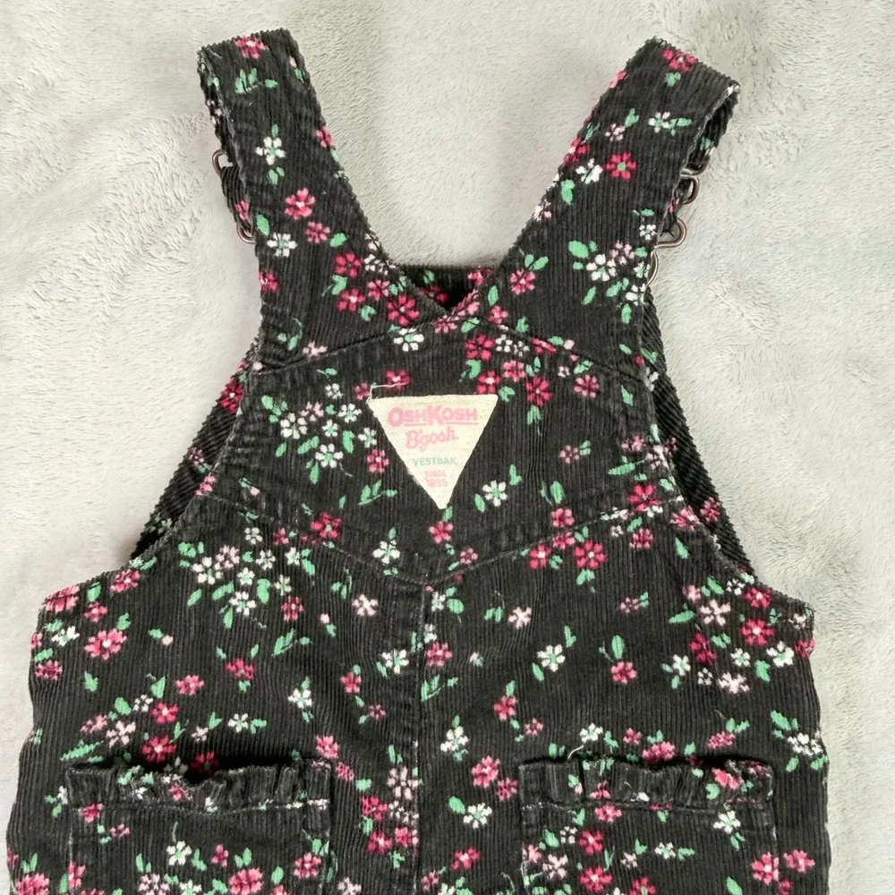OshKosh B'gosh Overalls Kids 6 Months Black Floral Corduroy Bibs 896-0089